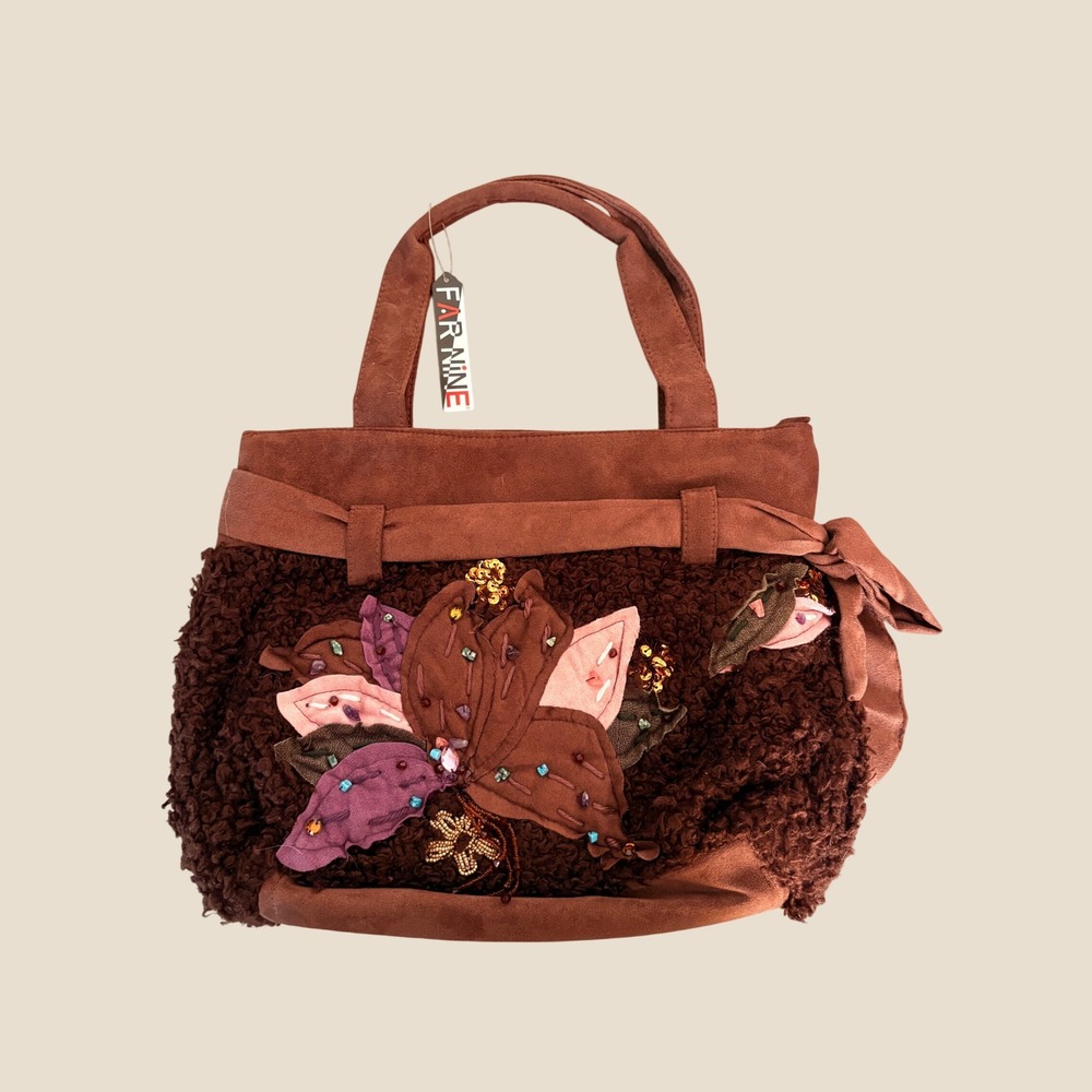 Y2K Far Nine Brown Sherpa Faux Suede Floral Applique Beaded Tote Bag NWT Boho